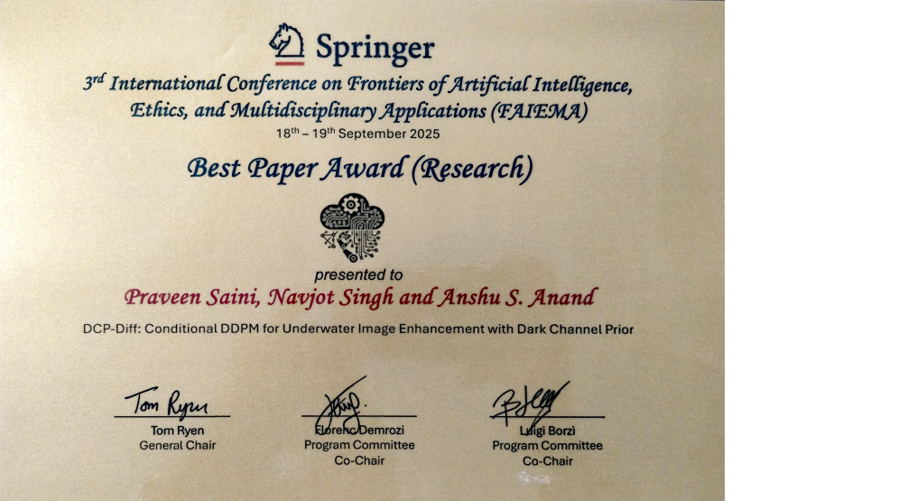 We are pleased to inform that paper titled "DCP-Diff: Conditional DDPM for Underwater Image Enhancement with Dark Channel Prior" of Mr. Praveen Saini (RSI2023503 ) received the Best Paper Award in research category at the 3rd International Conference on Frontiers of Artificial Intelligence